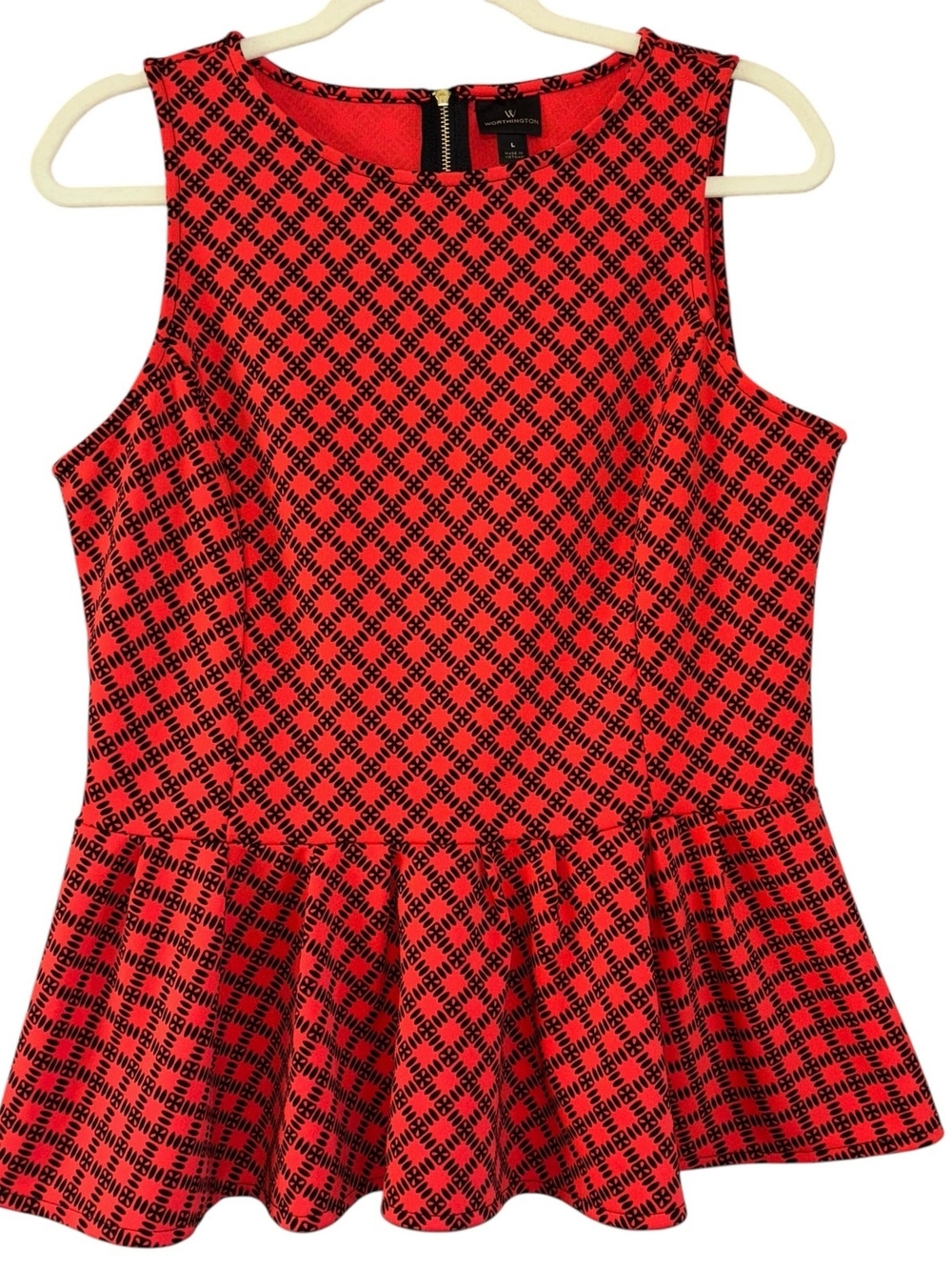 Worthington Red & Black Patterned Peplum Shell Top